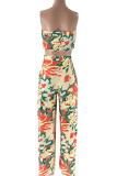 Rose Red Casual Floral Print Backless Patchwork Belted Strapless Sleeveless Two Pieces