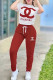 Red Casual Letter Draw String Pocket Patchwork O Neck Short Sleeve Two Pieces