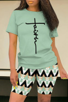 Light Green Casual Leopard Print Letter Print Patchwork O Neck Short Sleeve Two Pieces