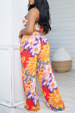 Rose Red Casual Floral Print Backless Patchwork Belted Strapless Sleeveless Two Pieces