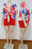 Red Casual Floral Print Bandage Patchwork V Neck Plus Size Two Pieces