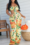 Rose Red Casual Floral Print Backless Patchwork Belted Strapless Sleeveless Two Pieces