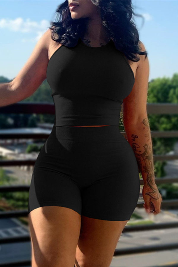 Black Casual Solid Color Basic O Neck Sleeveless Two Pieces