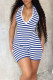 Blue Sexy Striped Print Backless Cross Straps Patchwork Halter Skinny Rompers