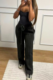 Grey Casual Solid Color Draw String Pocket Patchwork Straight Mid Waist Straight Patchwork Bottoms