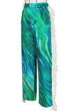 Blue Street Print Buttons Zipper Patchwork Tassel Loose High Waist Wide Leg Full Print Bottoms