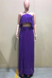 Burgundy Celebrities Solid Color Backless Pleated Patchwork Halter Sleeveless Two Pieces