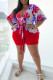 Red Casual Floral Print Bandage Patchwork V Neck Plus Size Two Pieces