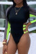 Black Sportswear Hollow Out Zipper Patchwork Swimwears