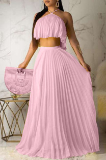 Pink Celebrities Solid Color Backless Pleated Patchwork Halter Sleeveless Two Pieces