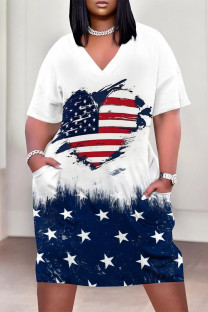 White Blue Casual The stars American Flag Heart Shaped Print Pocket V Neck Printed Plus Size Dresses