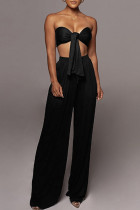 Black Casual Solid Color Patchwork Belted Strapless Sleeveless Two Pieces