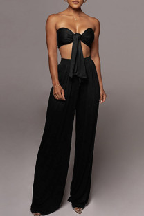 Black Casual Solid Color Patchwork Belted Strapless Sleeveless Two Pieces