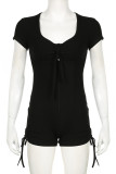 Black Sexy Solid Color Hollow Out Backless Patchwork Belted V Neck Skinny Rompers