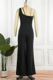 Blue Casual Solid Color Backless Oblique Collar Regular Jumpsuits
