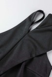 Blue Casual Solid Color Backless Oblique Collar Regular Jumpsuits