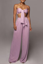 Purple Casual Solid Color Patchwork Belted Strapless Sleeveless Two Pieces