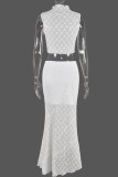 White Celebrities Plaid Lace Patchwork Irregular Hem O Neck Sleeveless Two Pieces
