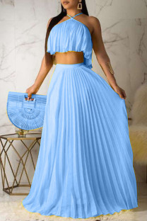 Sky Blue Celebrities Solid Color Backless Pleated Patchwork Halter Sleeveless Two Pieces