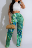 Blue Street Print Buttons Zipper Patchwork Tassel Loose High Waist Wide Leg Full Print Bottoms