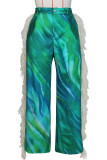 Blue Street Print Buttons Zipper Patchwork Tassel Loose High Waist Wide Leg Full Print Bottoms