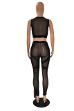 Black Sexy Solid Bandage Mesh V Neck Sleeveless Two Pieces