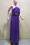 Burgundy Celebrities Solid Color Backless Pleated Patchwork Halter Sleeveless Two Pieces