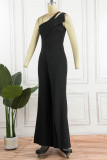 Blue Casual Solid Color Backless Oblique Collar Regular Jumpsuits