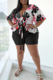 Red Casual Floral Print Bandage Patchwork V Neck Plus Size Two Pieces