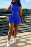 Blue Casual Solid Color Basic O Neck Sleeveless Two Pieces
