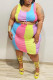 Rose Red Casual Patchwork Contrast U Neck Plus Size Two Pieces