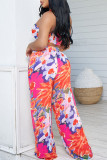 Rose Red Casual Floral Print Backless Patchwork Belted Strapless Sleeveless Two Pieces