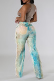 Blue Street Print Buttons Zipper Patchwork Tassel Loose High Waist Wide Leg Full Print Bottoms