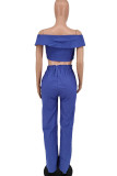 Deep Blue Casual Solid Color Draw String Pocket Buckle Patchwork Off Shoulder Short Sleeve Two Pieces