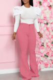 Rose Red Casual Solid Color Basic O Neck Long Sleeve Two Pieces