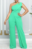Blue Casual Solid Color Backless Oblique Collar Regular Jumpsuits