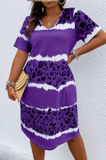 Purple Daily Striped Print Patchwork O Neck Straight Plus Size Dresses