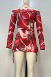 Red Sexy Print Bandage Hollow Out Slit Patchwork Off Shoulder Long Sleeve Two Pieces