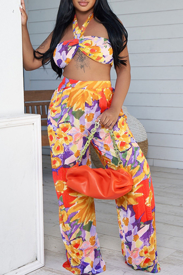 Yellow Casual Floral Print Backless Patchwork Belted Strapless Sleeveless Two Pieces