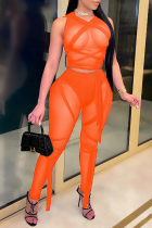 Tangerine Red Sexy Solid Bandage Mesh V Neck Sleeveless Two Pieces