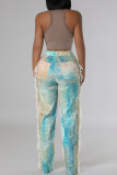 Blue Street Print Buttons Zipper Patchwork Tassel Loose High Waist Wide Leg Full Print Bottoms
