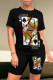 Black Casual Print Contrast O Neck Short Sleeve Two Pieces