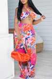 Rose Red Casual Floral Print Backless Patchwork Belted Strapless Sleeveless Two Pieces