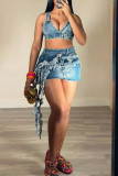 Blue Street Solid Color Backless Zipper Patchwork Tassel V Neck Sleeveless Two Pieces