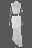 White Celebrities Plaid Lace Patchwork Irregular Hem O Neck Sleeveless Two Pieces