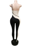 Orange Sexy Patchwork Backless Contrast Spaghetti Strap Skinny Jumpsuits