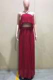 Burgundy Celebrities Solid Color Backless Pleated Patchwork Halter Sleeveless Two Pieces