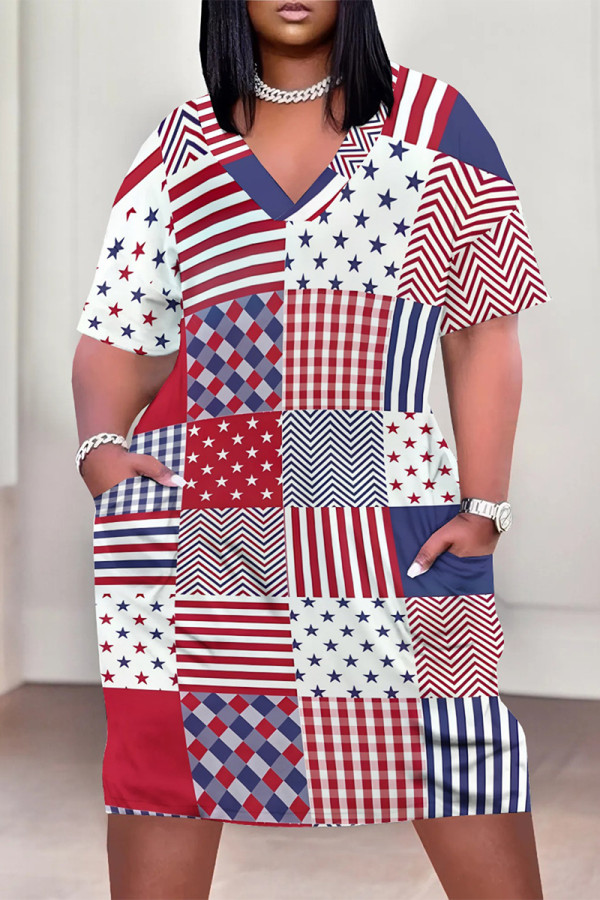 Multicolor Casual The stars American Flag Heart Shaped Print Pocket V Neck Printed Plus Size Dresses