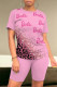 Pink Casual Print Contrast O Neck Short Sleeve Two Pieces