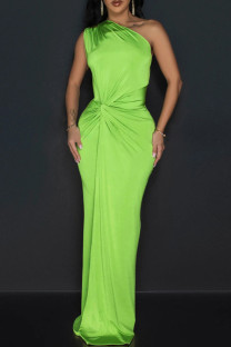 Fluorescent Green Street Solid Color Ruched Patchwork Oblique Collar Long Dresses